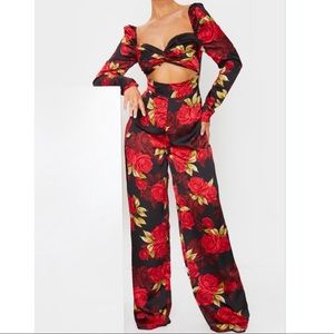 NWT Black Rose Floral Print Twist Front Chiffon Jumpsuit
